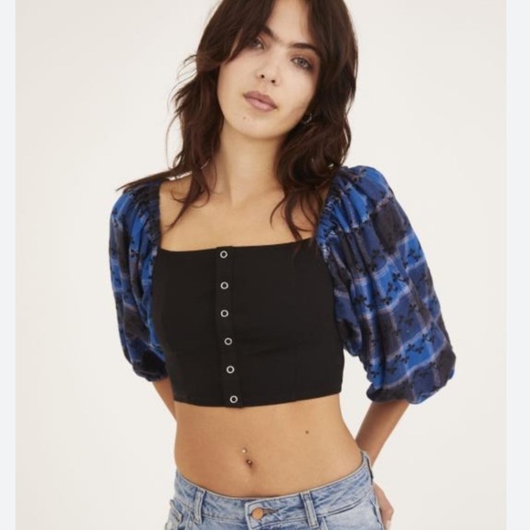 UO Belmont Plaid Puff Sleeve Cropped Top Size Small - Picture 1 of 10